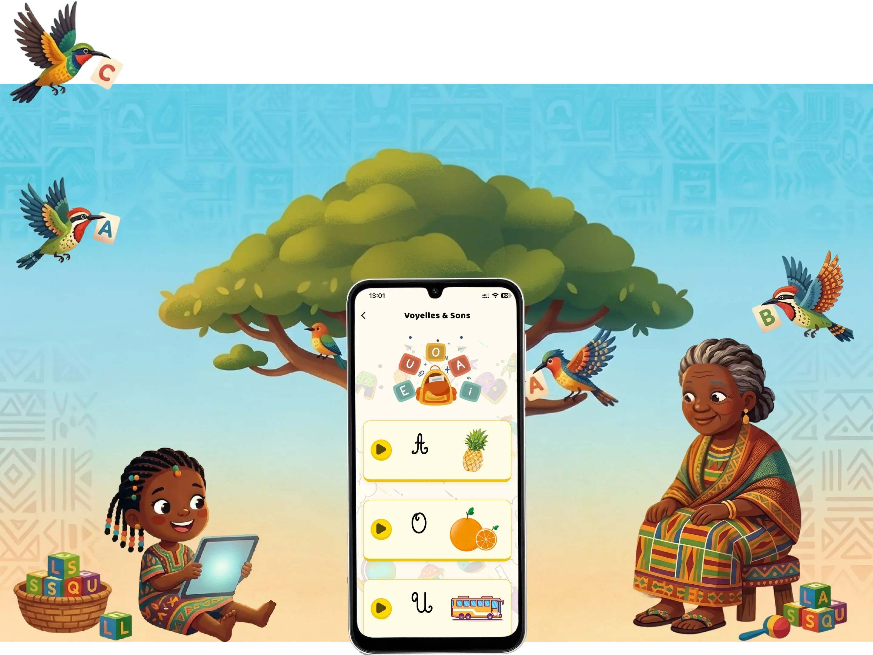 Une grand-mère et sa petite-fille sous un baobab, autour d'un téléphone affichant l'application MAKEDA