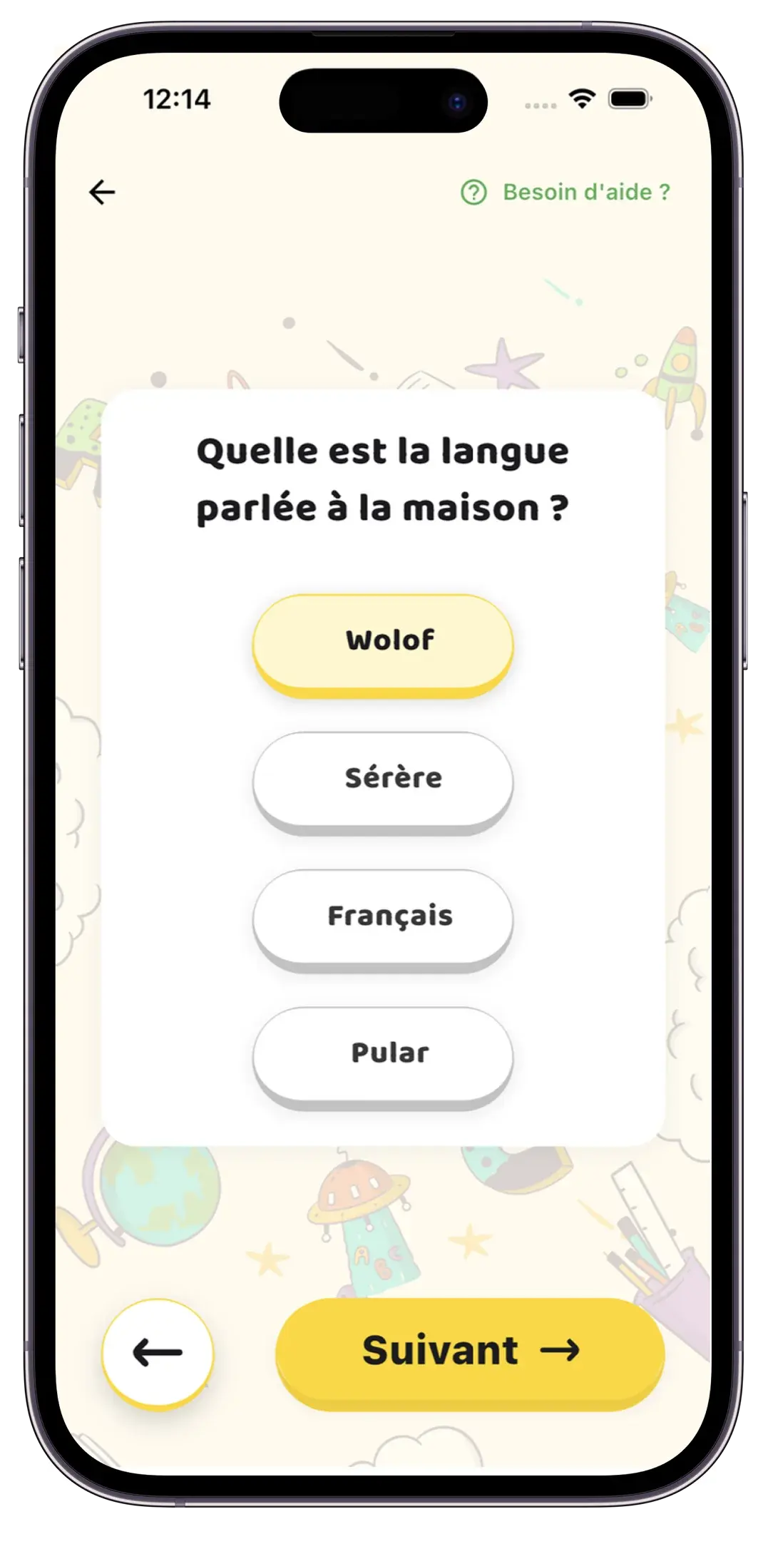 Écran MAKEDA : choix de la langue parlée à la maison — Wolof, Sérère, Français, Pular
