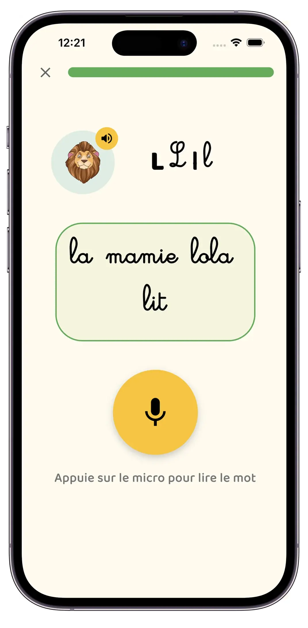 Écran MAKEDA : lecture à voix haute d'une phrase, avec le bouton micro