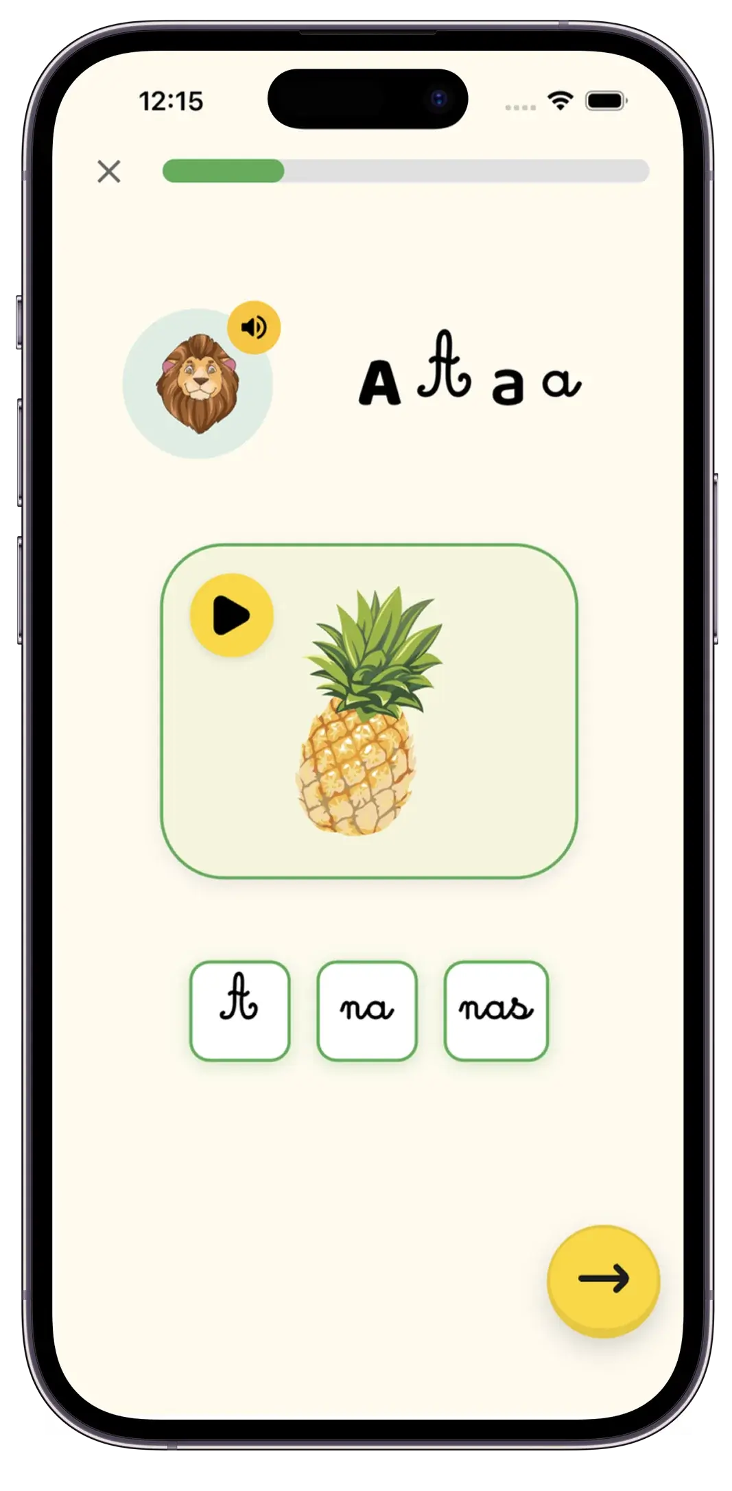 Écran MAKEDA : la lettre A illustrée par un ananas, avec les syllabes à assembler